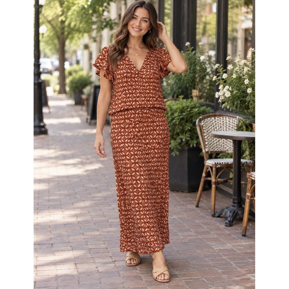 Women's Rust 2-Piece Set V-Neck short Sleeve Top Long Skirt Plus XL Size